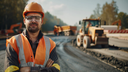 Caucasian male construction worker on road project with machinery