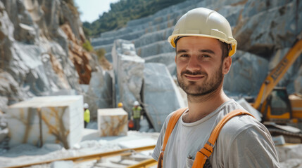 Caucasian male adult worker in hard hat at marble quarry site with machinery and marble blocks