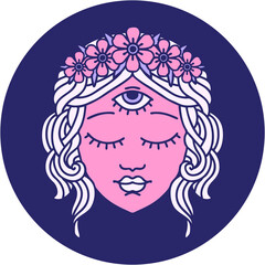 iconic tattoo style image of female face with third eye and crown of flowers in bright neon color