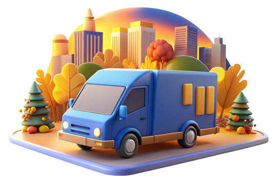Blue delivery van in autumn cityscape isolated on transparent background