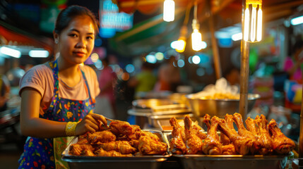 Young asian female vendor selling grilled chicken at night market