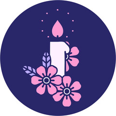 iconic tattoo style image of a candle and flowers in bright neon color
