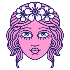 tattoo in traditional style of female face with crown of flowers in bright neon color