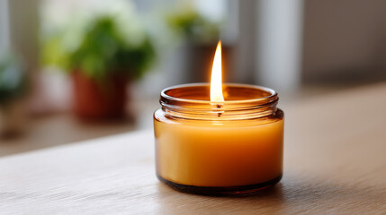 Warm ambiance of a lit amber aromatic candle in cozy interior setting