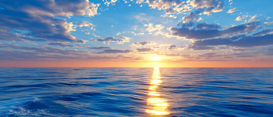Serene ocean view at sunset, with vibrant colors reflecting on calm water, creating a tranquil atmosphere and inviting sense of peace and relaxation in nature's beauty
