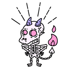 illustration of a traditional tattoo style skeleton demon character in bright neon color