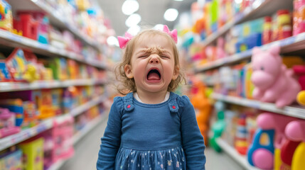 Frustration and tears of a toddler girl having a tantrum in a toy store aisle
