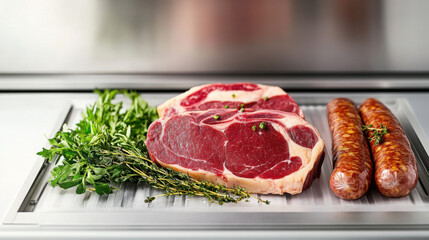 Fresh gourmet display of prime beef cuts and herb-infused sausages