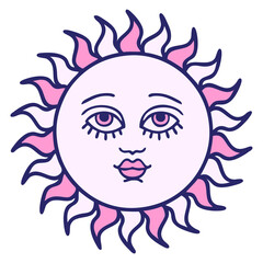 tattoo in traditional style of a sun with face in bright neon color