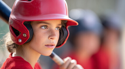 Focused girl in baseball uniform preparing to swing bat during game
