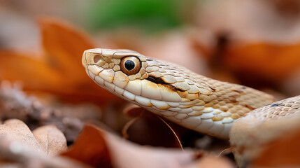 Close up of camouflaged viper amidst forest leaves, highlighting natural wilderness and stealth