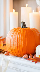 Autumn pumpkin decor with taper candles and ribbon for seasonal ambiance