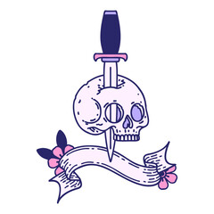 traditional tattoo with banner of a skull in bright neon color
