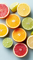 Perfectly arranged vertical citrus slices on light blue background for refreshing designs