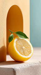 Half lemon resting in pastel yellow arc for modern minimalist design