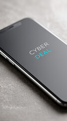 Smartphone displaying cyber deal on dark glass surface
