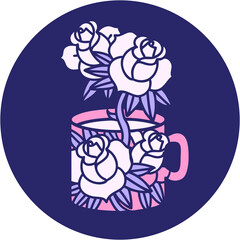iconic tattoo style image of a cup and flowers in bright neon color