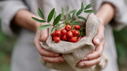 Together in the forest: hands gently holding a gather of fresh berries for nature's feast