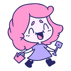 freehand drawn cartoon of cute kawaii girl with bucket and spade in bright neon color