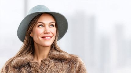 Elegant woman in fur coat and hat with urban skyline