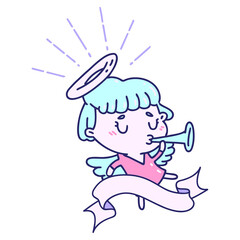 scroll banner with tattoo style angel blowing trumpet in bright neon color