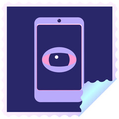 cell phone watching you graphic square sticker stamp in bright neon color