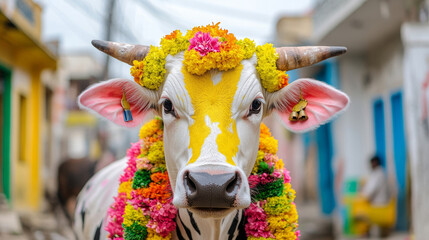 Vibrant cow decoration for mattu pongal festival celebration