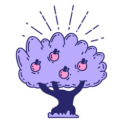 illustration of a traditional tattoo style apple tree in bright neon color