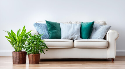 Refreshing green and soft white minimalist living room design with cozy sofa and indoor plants