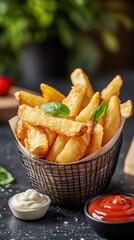 Delicious crispy fries with ketchup and mayo in a basket perfect for snacking