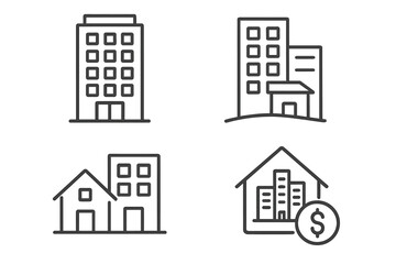 Real Estate and Office Building Line Icons Set. Modern Apartment, House, Skyscraper, Property Investment, Mortgage, Urban Architecture, Commercial and Residential Vector Illustration