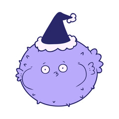 hand drawn line drawing of a puffer fish wearing santa hat in bright neon color