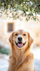 Golden retriever sitting under tree for relaxation and tranquility