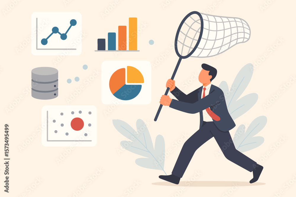 Poster data collection, research and analysis concept. businessman with net catching charts and graphs. big
