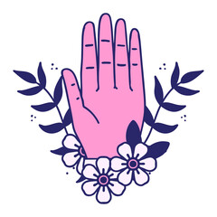 tattoo in traditional style of a hand and flower in bright neon color