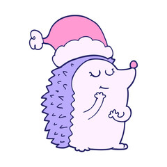 cartoon hedgehog wearing christmas hat in bright neon color