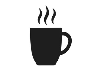 Hot Coffee or Tea Mug Icon with Steam, Minimalist Black Silhouette, Beverage Cup Symbol, Vector Illustration, Morning Drink, Cafe, Breakfast, Transparent Background