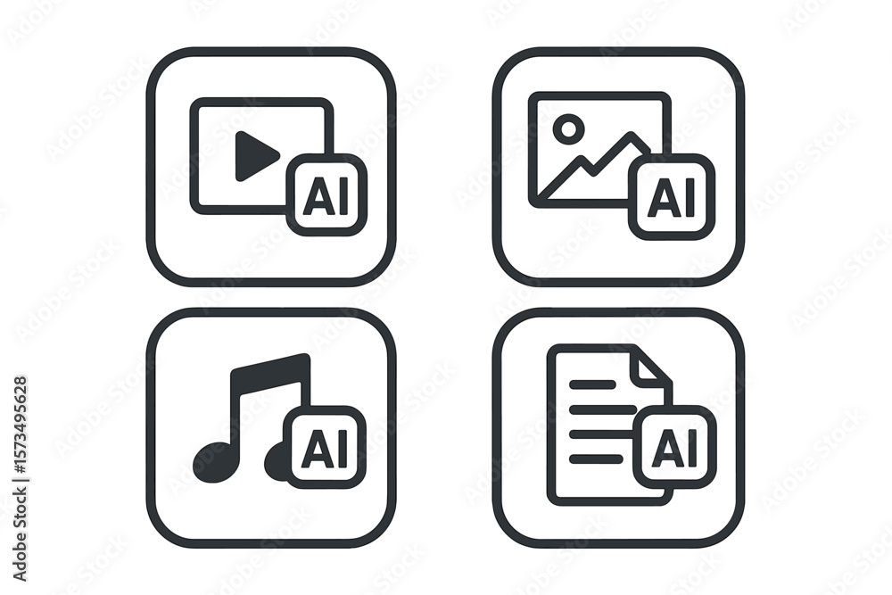 Poster ai content generation icon set. create media with artificial intelligence. video, image, audio, and 