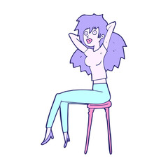 cartoon woman posing on stool in bright neon color