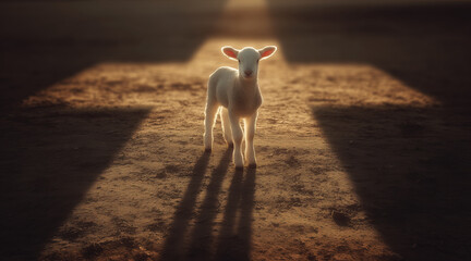 Young Lamb Standing in Cross Beam of Light; Religion Peace and Faith Concept