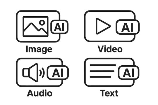 AI generate button set. Create media file, image, video, audio, text with artificial intelligence. AI symbol for app, ui, ux, and website. Content generation vector icons.