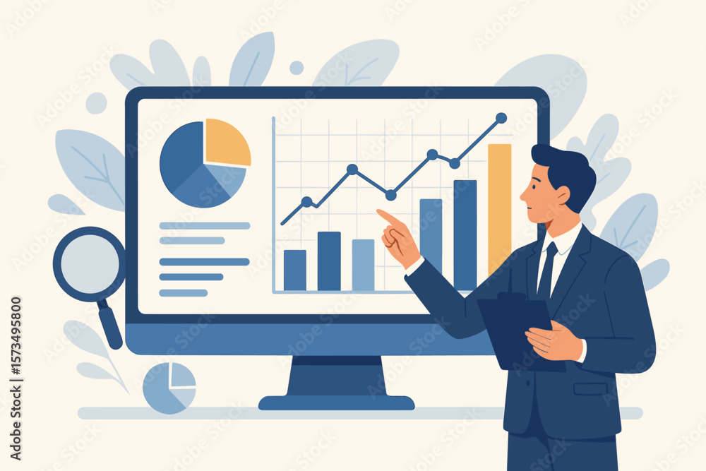 Poster businessman doing data analytics and research. financial analysis concept with graphs, charts and st