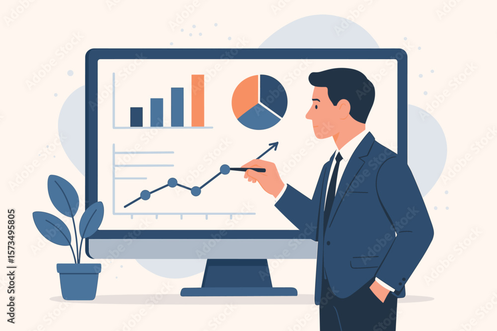 Poster data analytics concept. businessman analyzing financial statistics on computer. research report with