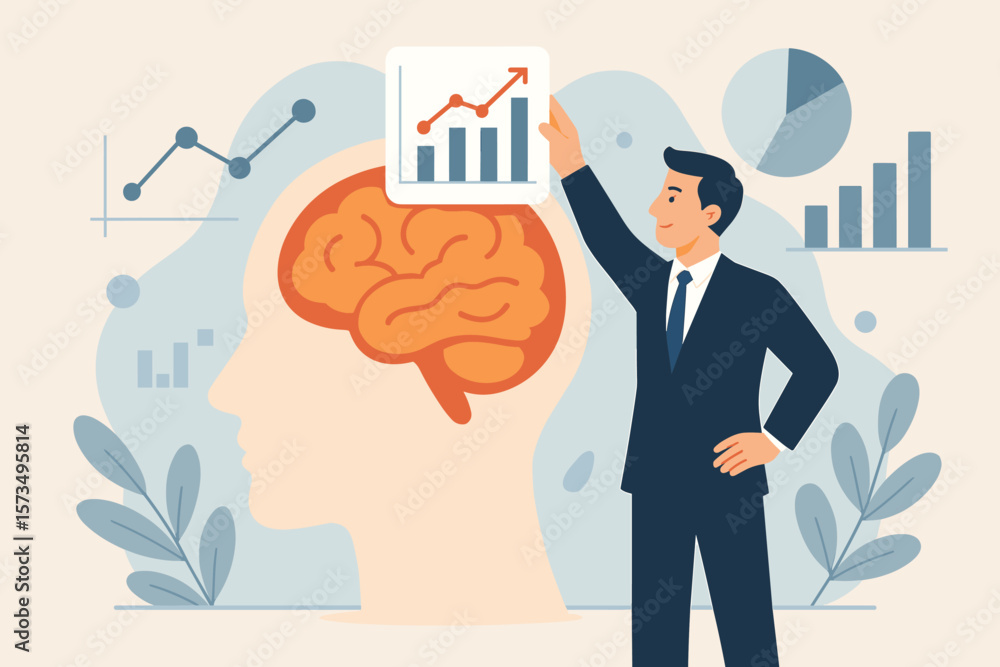 Poster data scientist doing research and information analysis for business intelligence. man putting chart 