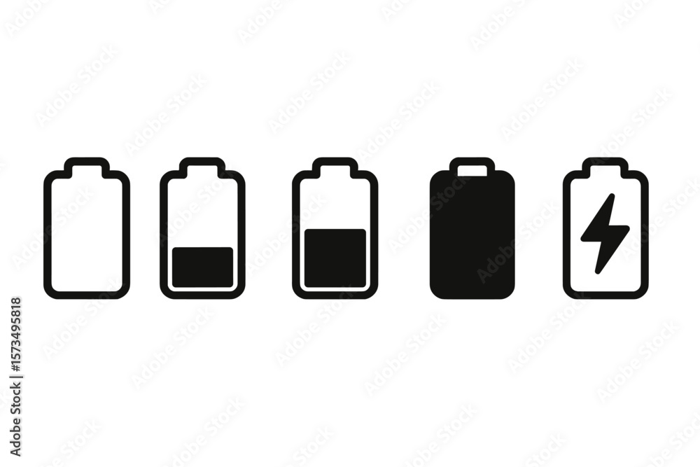 Poster battery level indicator icon set. charge status sign collection with empty, low, medium and full pow