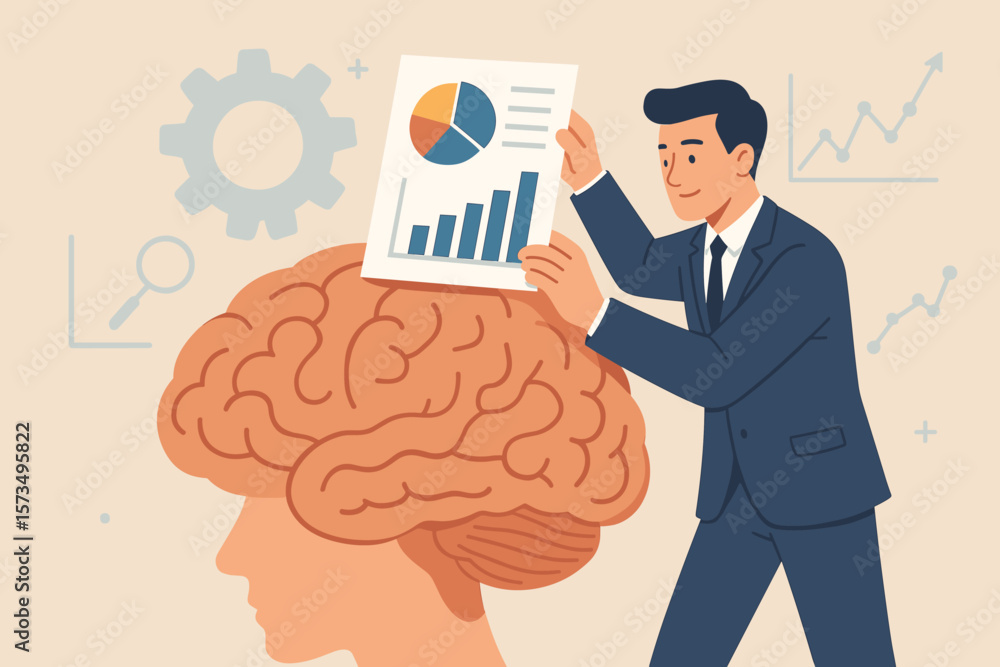 Aufkleber data scientist analyzing information. businessman putting a graph chart report into a human brain. m