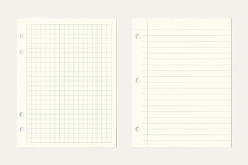 Blank notebook paper with torn edge. Empty page set with square graph and ruled line paper. Vector illustration. School supplies. Realistic notepad sheet for education.