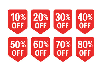 Red Discount Sale Tag Set, Shopping Promotion Badges, 10 20 30 40 50 60 70 80 Percent Off, Vector Labels, Price Reduction, Special Offer, Retail Marketing, Transparent Background