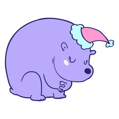 cute hand drawn line drawing of a polar bear wearing santa hat in bright neon color