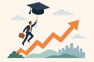 Education for career path growth. Working skill for success in business. Man with graduation cap as balloon. Concept of learning, study and knowledge for future goals.